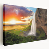 Icelandic landscape with waterfalls on stretched canvas, featuring cool blue and green tones, ideal for kitchen wall art.