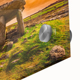 Large abstract wall art featuring a mid-century modernist Irish landscape in muted green and blue tones, acrylic print.