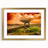 Abstract art print of a European landscape in gold frame, featuring muted earth tones, ideal for dining room decor.