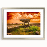 Extra large abstract art print of a textured Irish landscape in muted green and blue tones, framed with a silver mat.