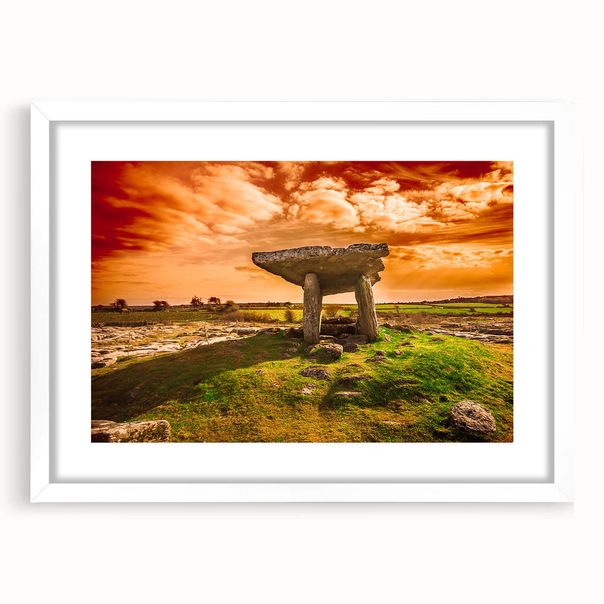 Textured art print of an abstract Irish landscape in muted green and blue tones on a framed canvas.