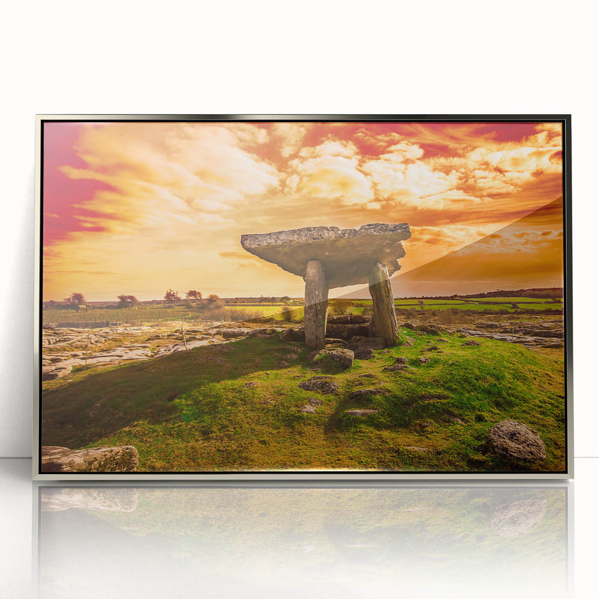 Mid-century modernist style large art print of an Irish landscape on silver-framed acrylic.