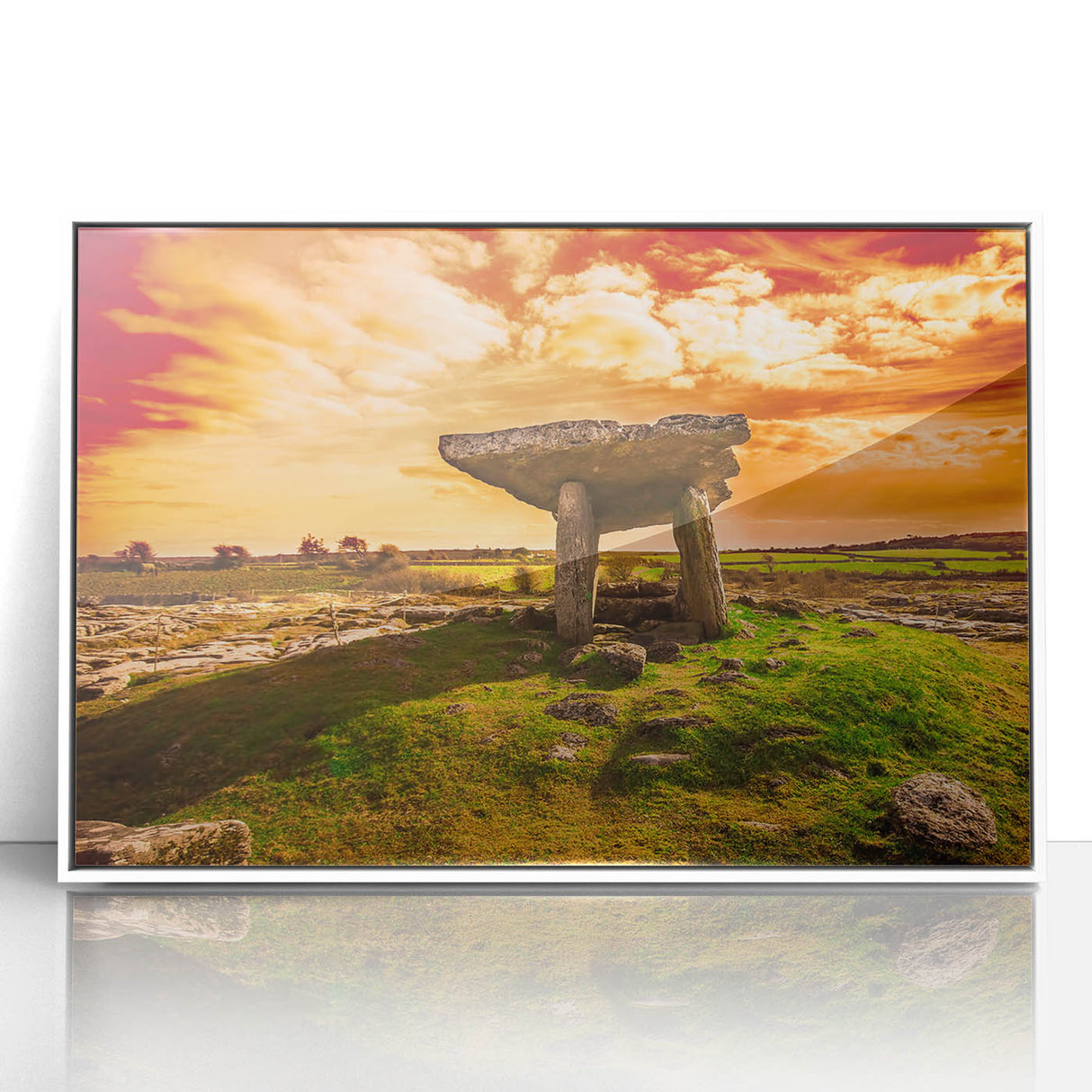 Mid-century modernist art depicting a serene Irish landscape in muted green and blue tones, framed acrylic print.