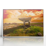 Mid-century modernist art depicting a serene Irish landscape in muted green and blue tones, framed acrylic print.