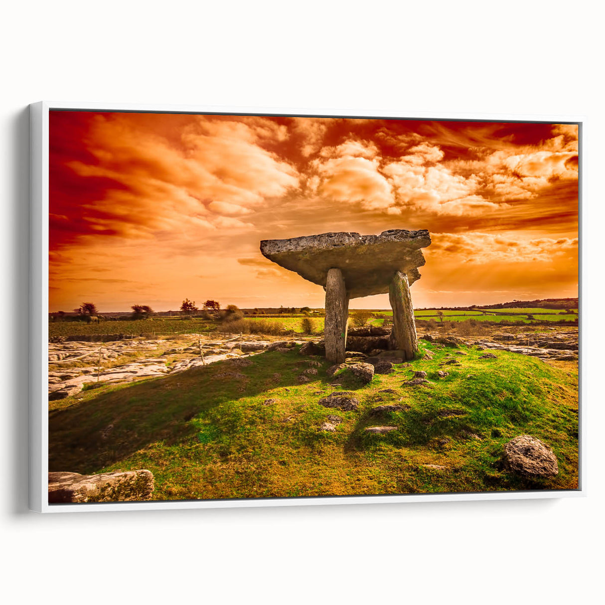 Vintage poster art of an Irish landscape on extra large framed canvas, featuring vibrant greens and blues.