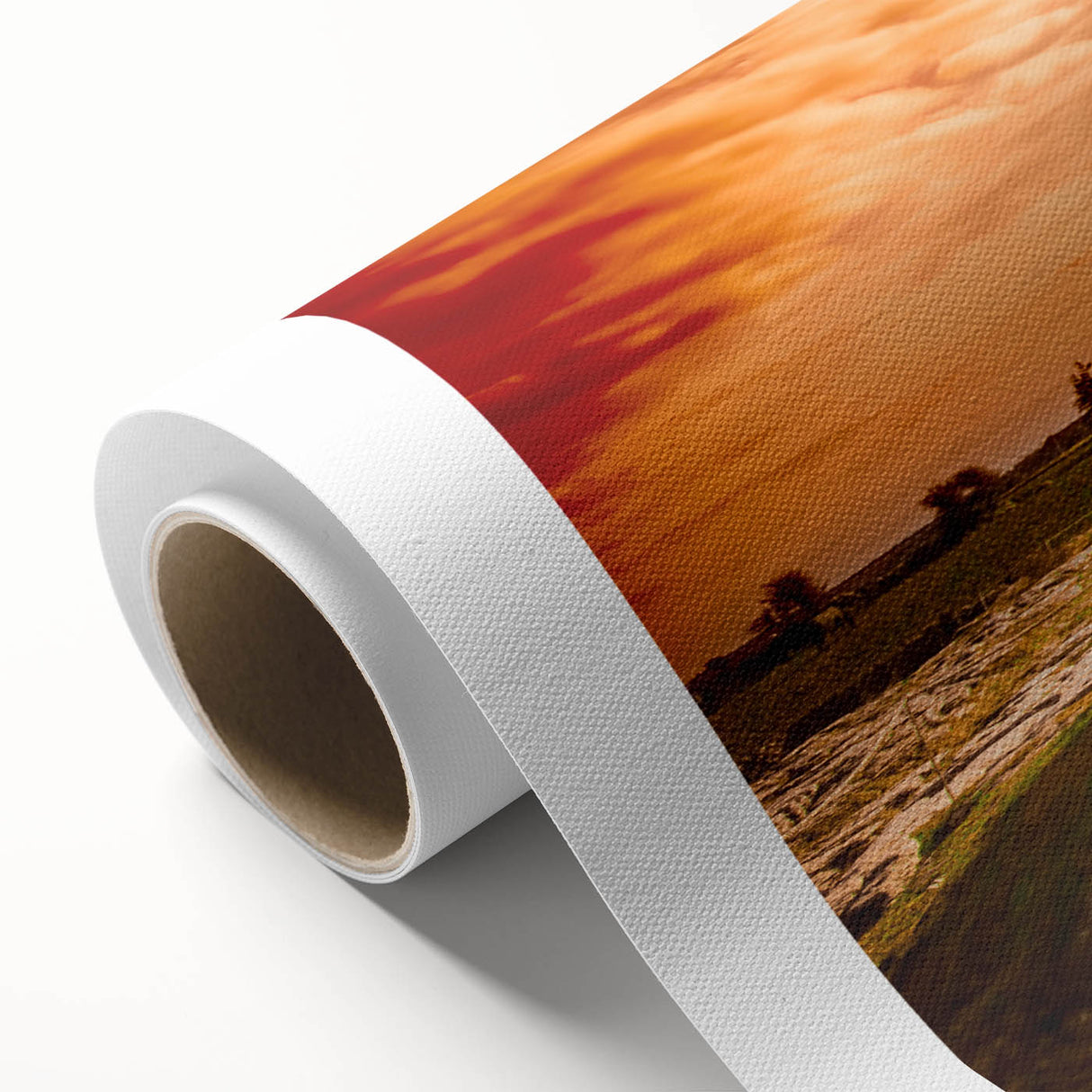 Art Deco poster of an Irish landscape on rolled canvas, featuring muted green and blue tones, ideal for nursery wall art.
