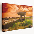 A stretched canvas print of a scenic Irish landscape in muted green and blue tones, ideal for kitchen wall art.