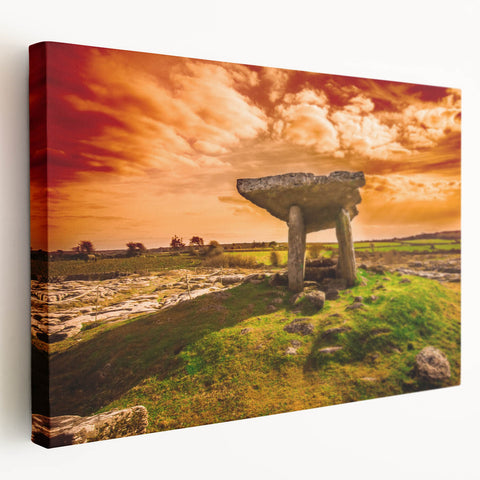 A stretched canvas print of a scenic Irish landscape in muted green and blue tones, ideal for kitchen wall art.