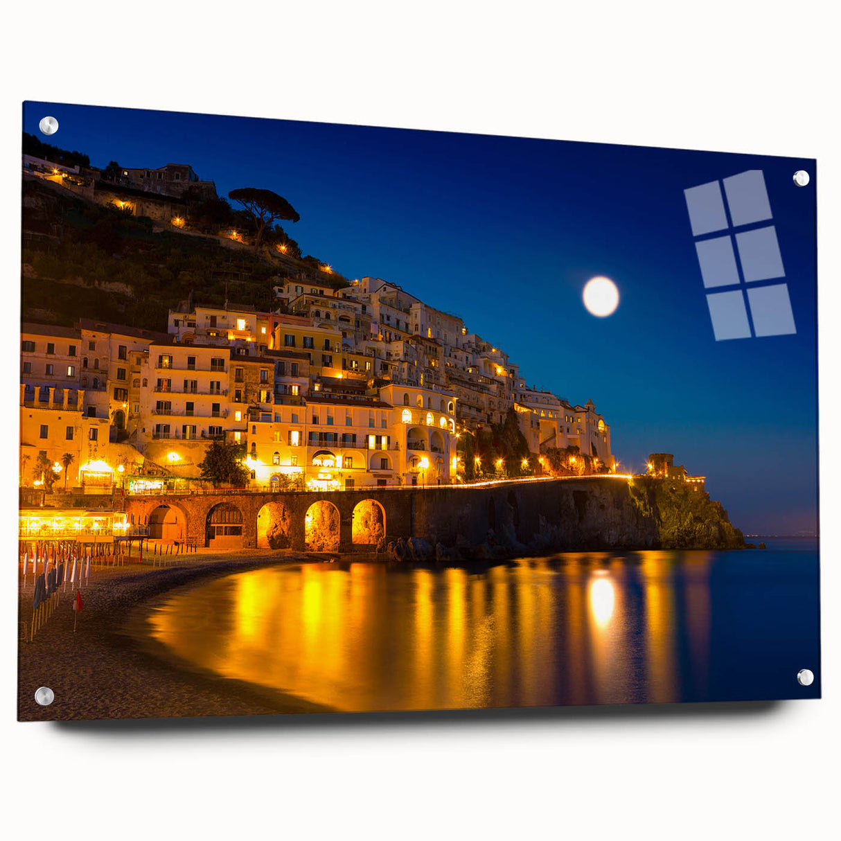 Acrylic print of Amalfi Coast with vibrant blue and pastel buildings, ideal for bedroom or dining room decor.