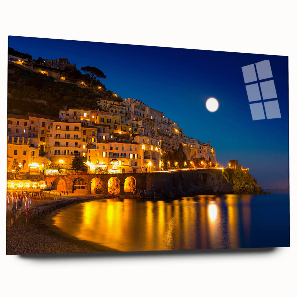Acrylic print of the Amalfi Coast with vivid blue and white tones, ideal for bedroom or dining room art.