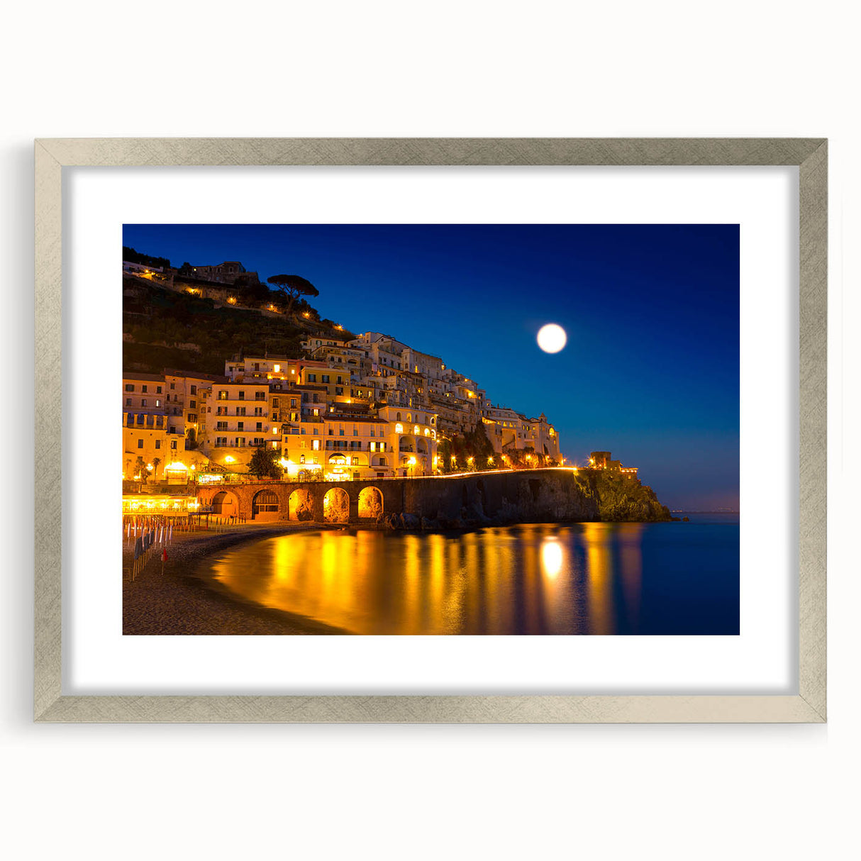 Extra large wall art of Amalfi Coast with textured abstract print in muted blues and greens, framed in silver.