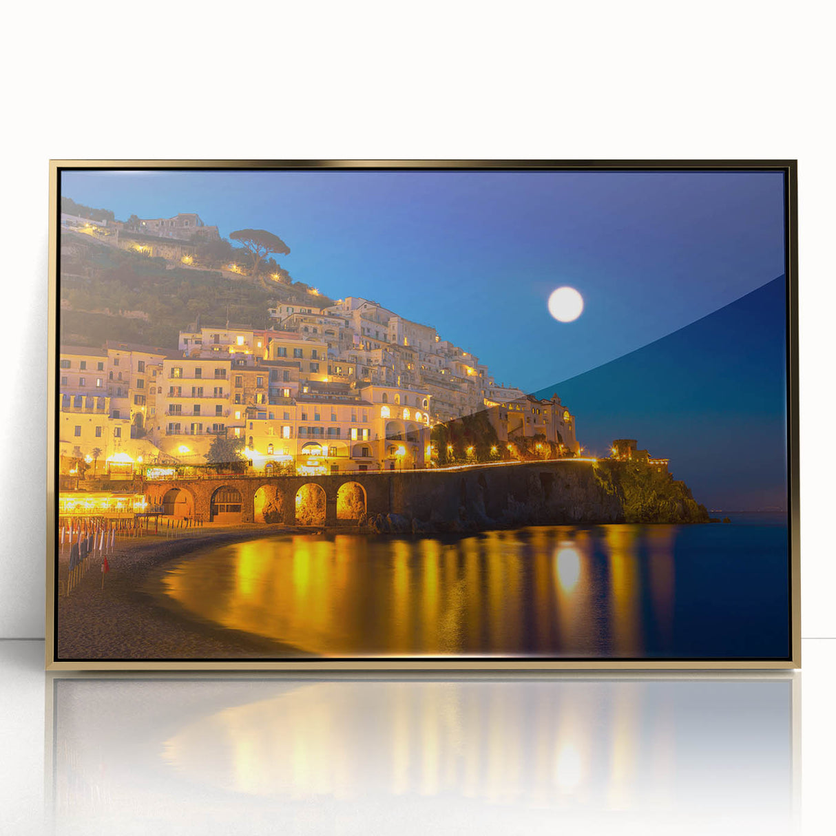 Art deco poster of the Amalfi Coast in pastel shades on framed acrylic, suitable for modern art wall decor.