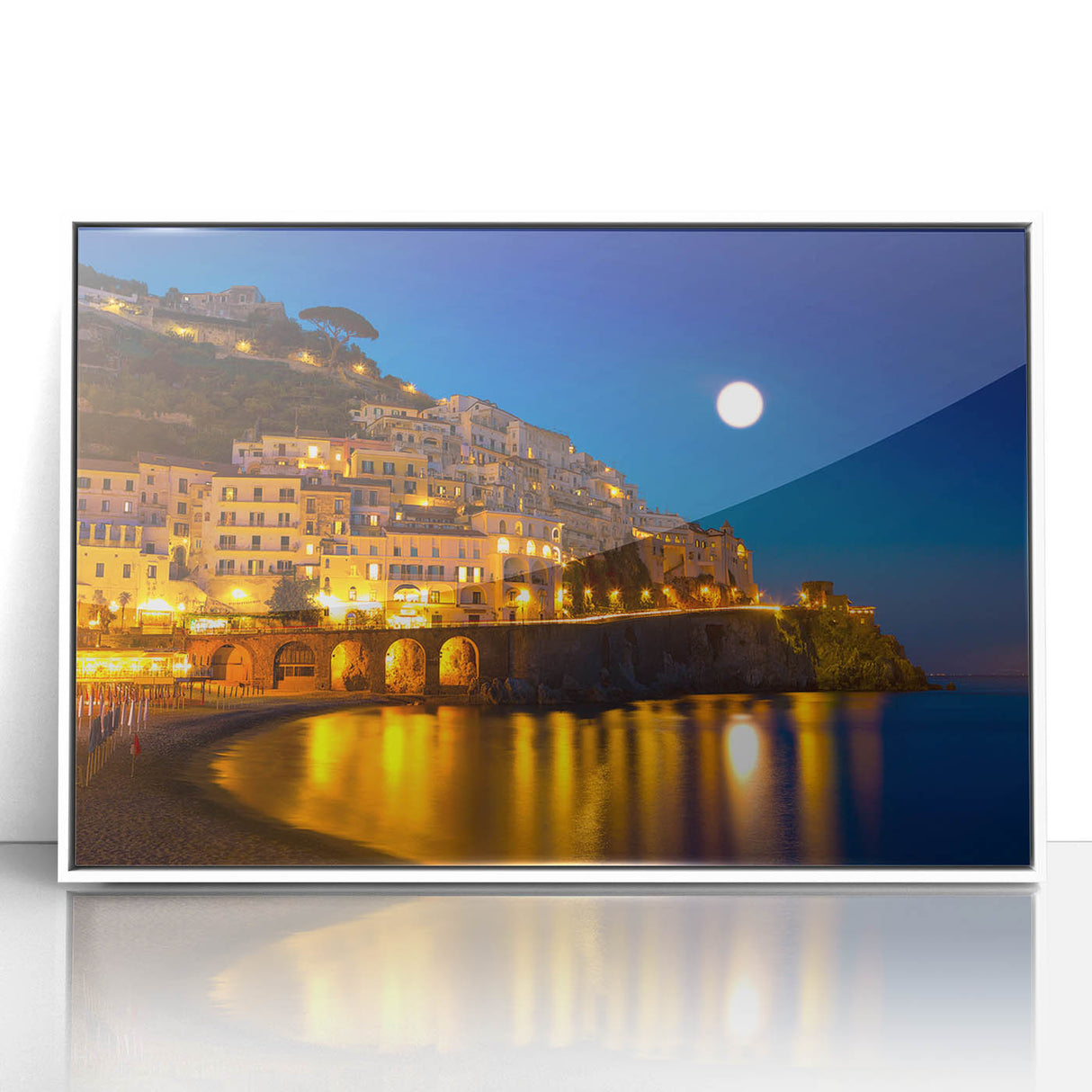Mid-century modernist art of Amalfi Coast in pastel shades on white framed acrylic, suitable for modern art wall decor.