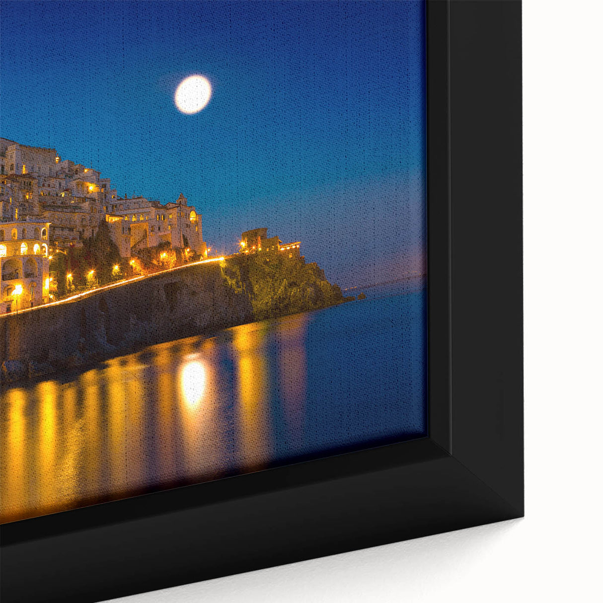 Extra large framed canvas of the Amalfi Coast with a textured depiction in vibrant colors, ideal for living room decor.