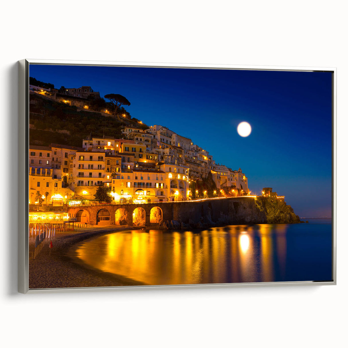 Landscape art painting of Amalfi Coast in vibrant colors on framed canvas, suitable for living room decor.