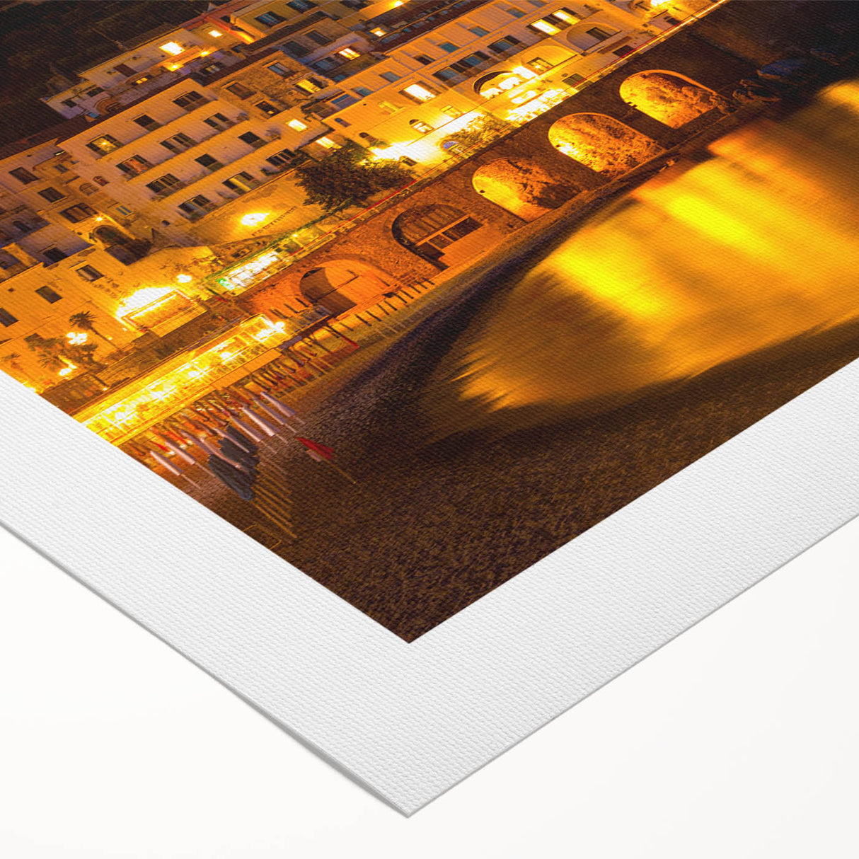 Art deco poster of Amalfi Coast with vibrant blue and pastel yellow hues on rolled canvas, ideal for dining room wall art.