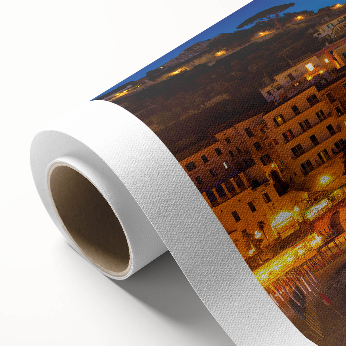 Art deco poster of Amalfi Coast with vibrant blue and white hues, printed on rolled canvas, ideal for nursery wall art.