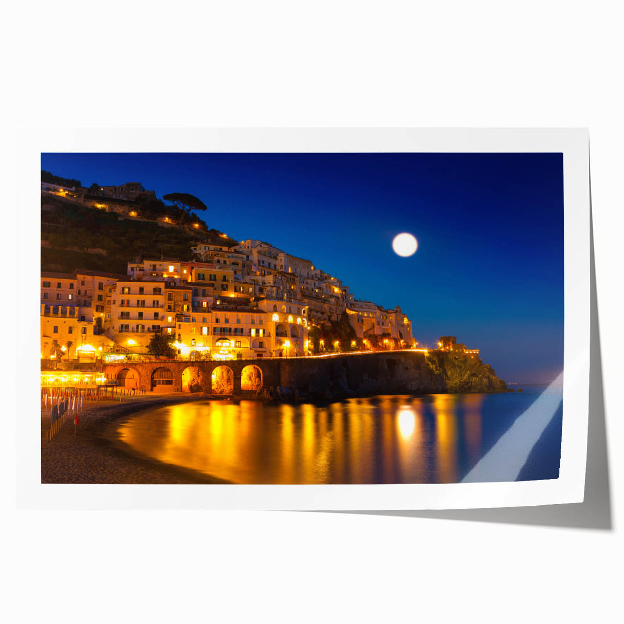 Rolled print of Amalfi Coast with vivid blue ocean and colorful cliffside houses, ideal for art wall dining room.