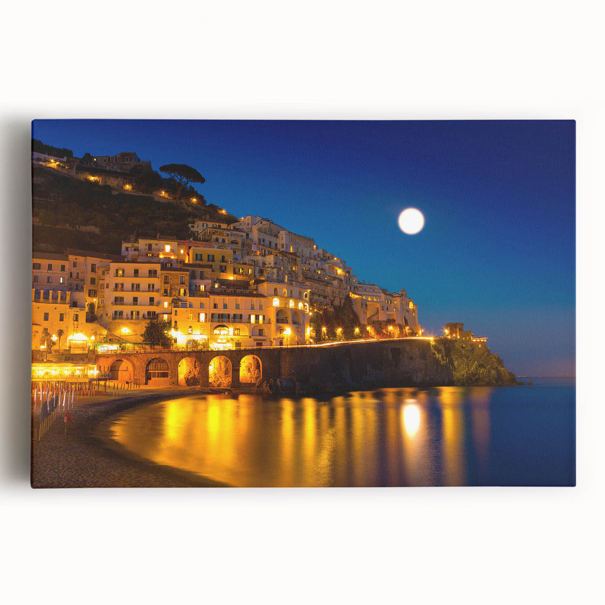 Black and white stretched canvas of the Amalfi Coast, ideal for kitchen wall art.