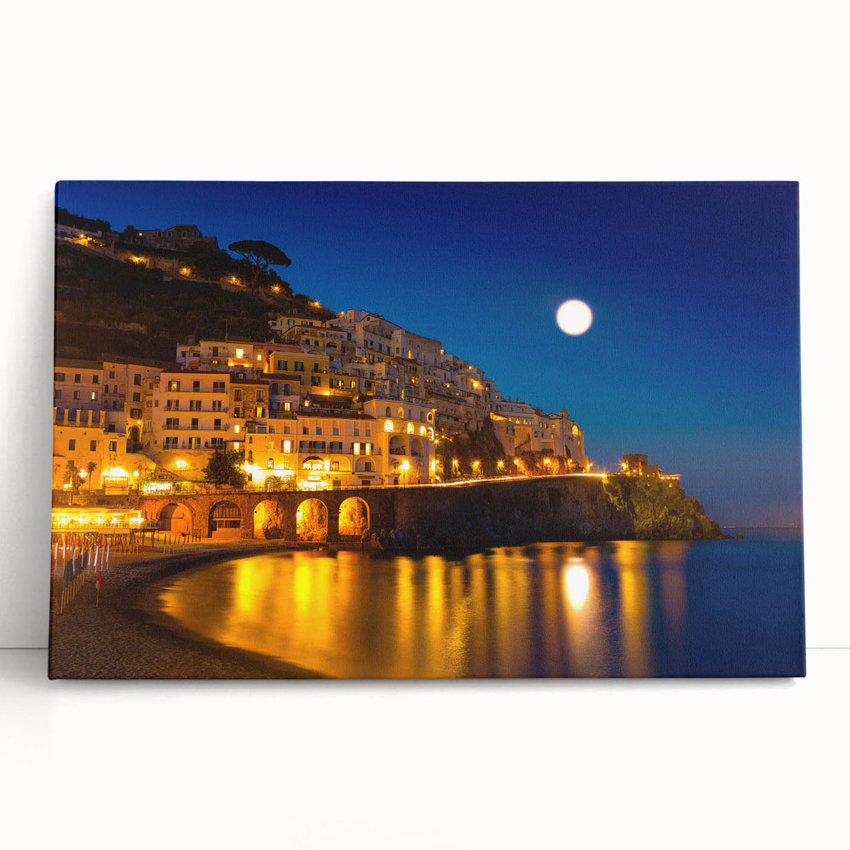 Black and white stretched canvas of Amalfi Coast, ideal for kitchen wall art.