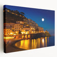 Amalfi Coast landscape on stretched canvas, with vivid blue and green tones, ideal for kitchen wall art.