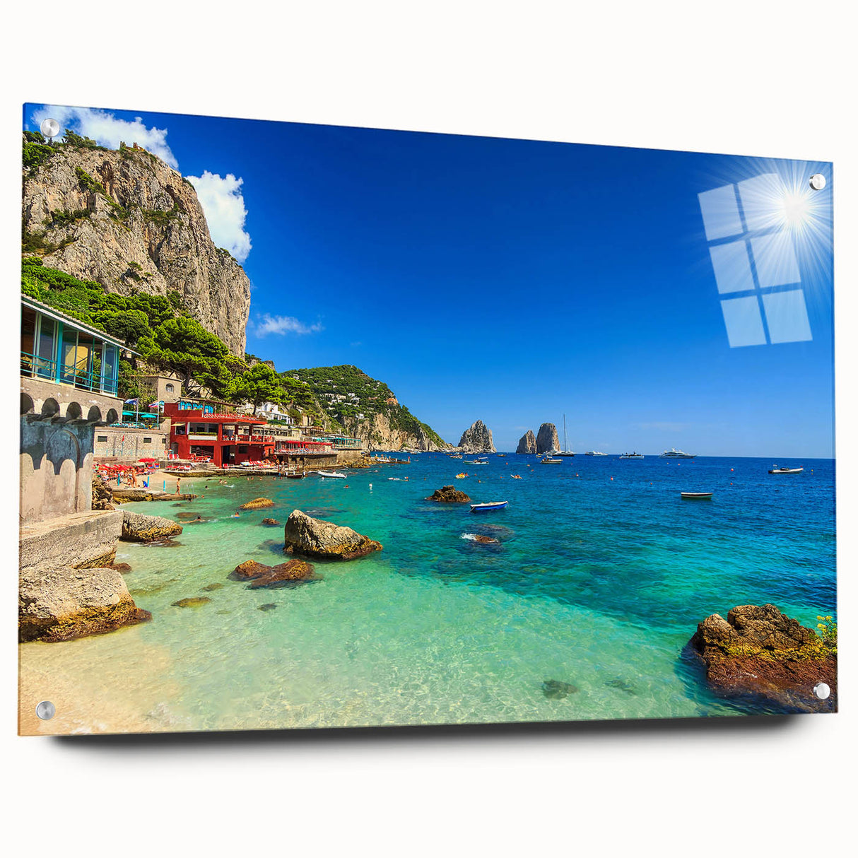 Acrylic print of Capri, Italy scenery in muted blue and white tones, ideal for dining room art.