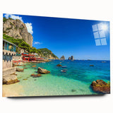 Large abstract depiction of Capri, Italy in muted blue and green tones on acrylic glass.