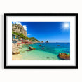 Abstract art print of a colorful Italian Capri landscape on a large textured canvas, framed in black.