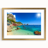 Abstract art print of Capri, Italy, in muted blue and green tones, framed in gold, ideal for dining room decor.