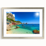 Extra large textured abstract art print of a Capri, Italy scenery in muted earth tones, framed in silver.