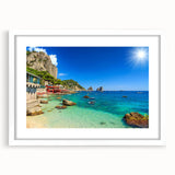 Textured abstract art print of the Capri coastline in muted blue and white tones on a framed canvas, ideal for bedroom art.
