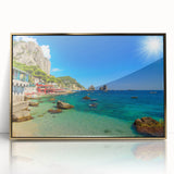 Acrylic print of Capri, Italy scenery in art deco style with gold frame, suitable for modern art wall decor.