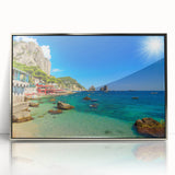 Large art print of Capri scenery in muted earth tones, framed in silver acrylic, ideal for modern art wall decor.