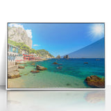 Mid-century modernist art depicting the Capri coastline in pastel shades on a white-framed acrylic print.