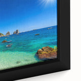 Extra large framed canvas featuring a textured depiction of the Capri shoreline with vibrant blue and green tones.