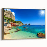 Framed canvas featuring a vintage-style landscape painting of Capri, Italy in muted earth tones, ideal for bedroom wall art.