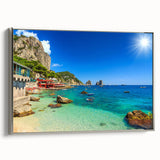 Framed canvas landscape art painting of Capri, Italy, featuring vibrant blue and green tones, ideal for living room decor.