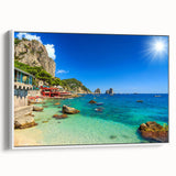 Vintage poster art of Capri, Italy, featuring colorful imagery on extra large framed canvas, ideal for living room decor.