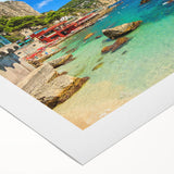 Art deco poster of Capri, Italy, featuring vibrant blue and white tones on rolled canvas, suitable for dining room decor.