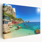 Large canvas print depicting the scenic Capri coastline in vibrant blue and white tones, ideal for kitchen wall art.