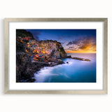 Extra large wall art depicting the Cinque Terre coastline in muted earth tones on a framed canvas.