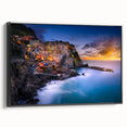 Black and white framed canvas of Cinque Terre landscape, ideal for bedroom wall art.