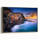Framed canvas of Cinque Terre landscape in vintage poster style, featuring muted earth tones, ideal for bedroom wall art.