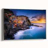Framed canvas landscape art painting of Cinque Terre with vibrant, multi-colored buildings and a serene blue sea.