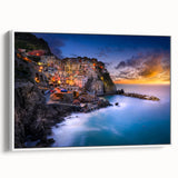 Vintage poster art of Cinque Terre with colorful buildings on framed canvas, suitable for large living room walls.