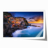 Rolled print of Cinque Terre scenic view with vibrant ocean and pastel buildings, ideal for art wall dining room.