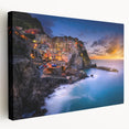 Stretched canvas depicting the colorful buildings of Cinque Terre, Italy, in vibrant hues, ideal for kitchen wall art.