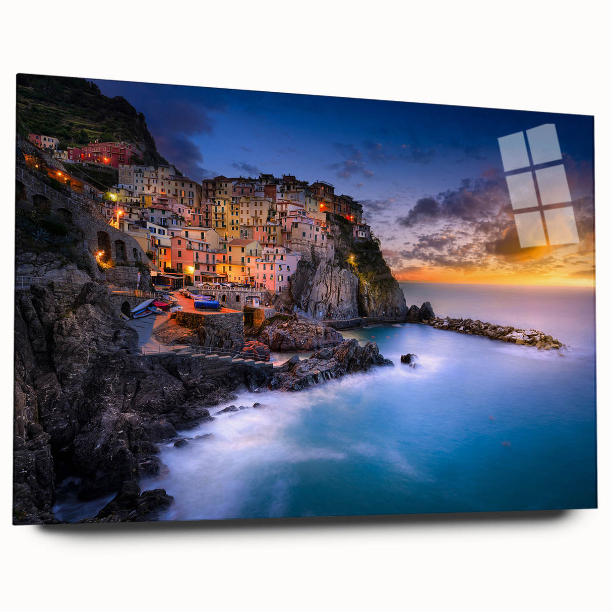 Acrylic print of Cinque Terre with vivid blue and pastel hues, ideal for bedroom or dining room art.