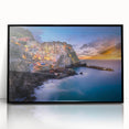 Framed acrylic print of Cinque Terre with vibrant coastal hues, ideal for modern art wall decor.