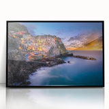 Framed acrylic print of Cinque Terre with vibrant coastal hues, ideal for modern art wall decor.
